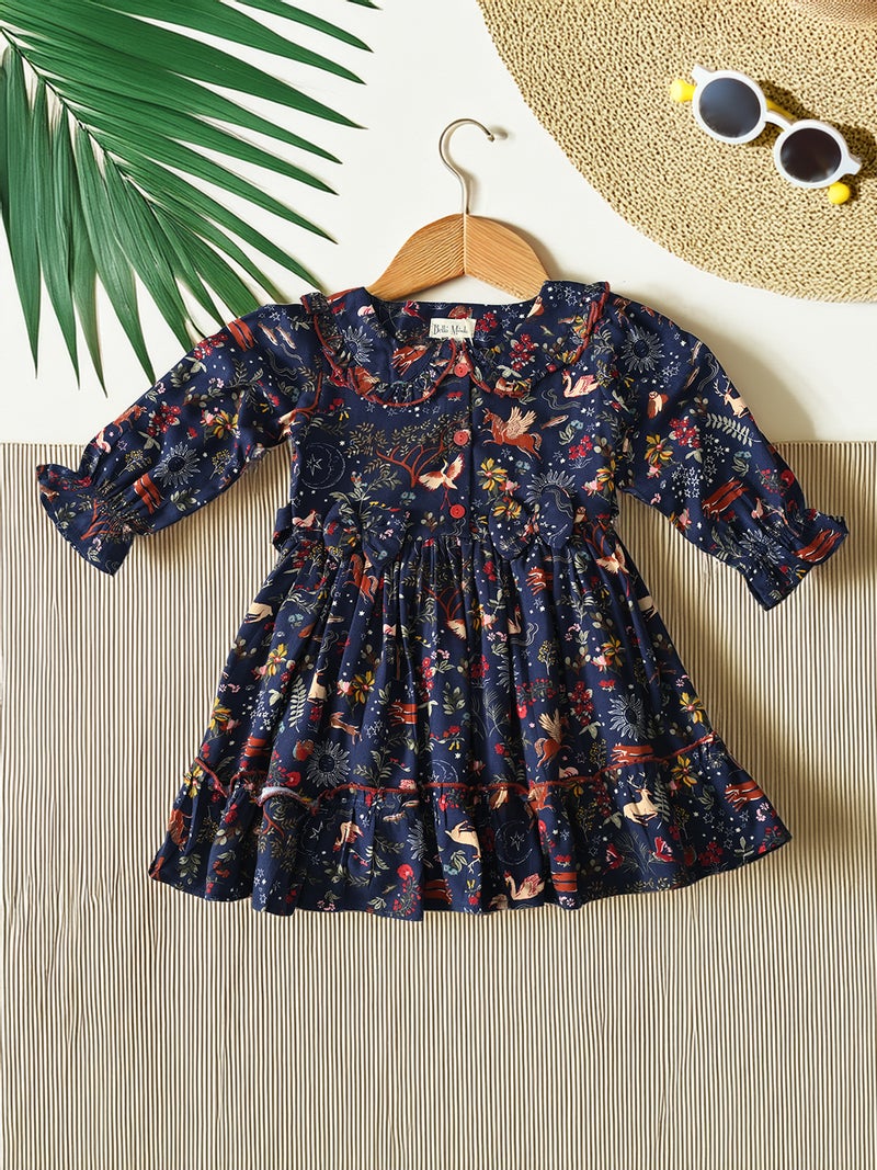 Navy Floral Print Dress for Girls